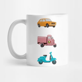 Iconic Italian Vehicles - Scooter, Rikshaw and Car Mug